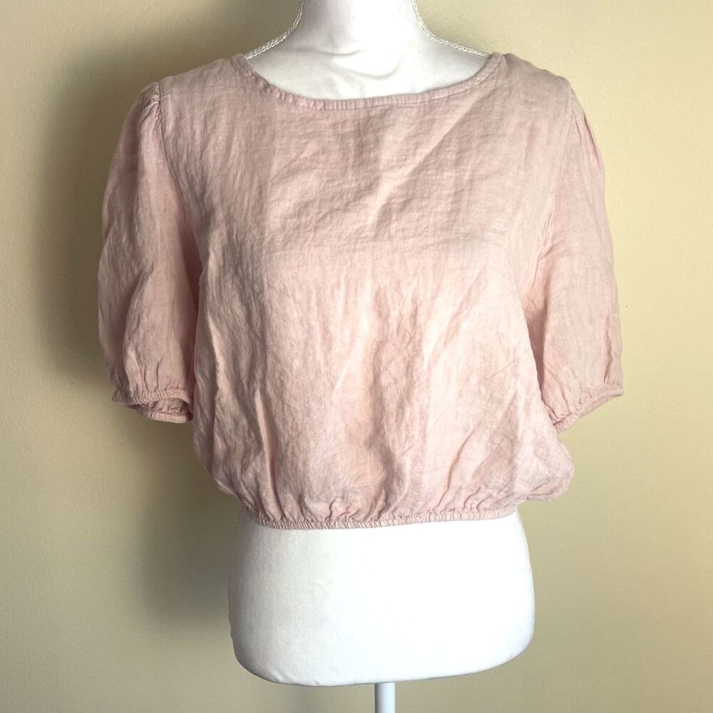 Bellambra 100% Linen Pink Crop Top Sz L Short Puff Sleeves Coastal Casual Beachy